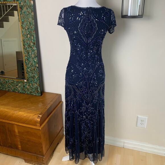 Vintage Pisarro Sz 2 Beaded Mesh Column Gown Navy Blue Cocktail Wedding Holiday - Picture 10 of 11